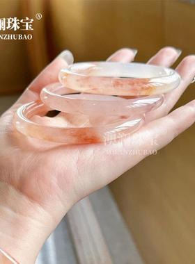 本命年桃花酿石英岩质玉西柚色丝玉手镯女新中式圆条镯子礼物