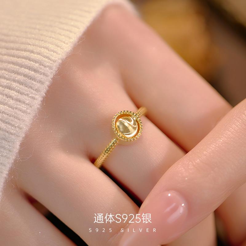 本命年S925银色猫眼转运珠戒指女轻奢可转动食指环礼物