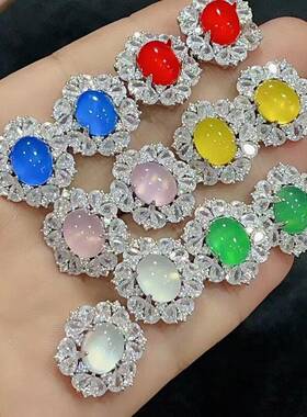 本命年925银针镶嵌绿玉髓女款耳钉粉玛瑙时尚大气玉石耳环礼物