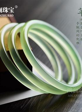 本命年油青绿玛瑙叮当镯女款青苹果玉髓冰透荔枝冻细圆条手镯高级