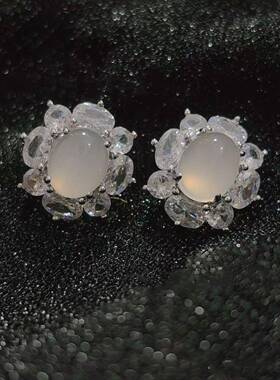 本命年925银针镶嵌冰种白玉髓轻奢款媲美翡翠玛瑙玉石耳环礼物