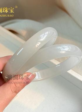 本命年外蒙料冰灰手镯女款扁条白玉镯子玛瑙玉髓手镯外蒙料镯子女