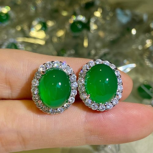 简约天然起光绿玉髓蛋面耳钉百搭绿色玉石玛瑙女耳坠饰品满绿