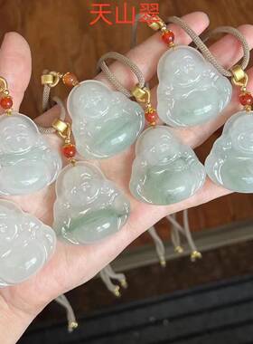 本命年新疆天山翠玉石佛公吊坠大肚佛挂件飘花弥勒佛翡翠色飘花丝