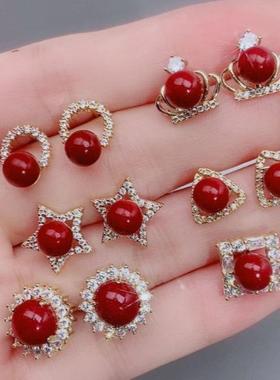 本命年朱砂耳钉925银耳针紫红女转运珠红豆耳环相思豆耳饰礼物