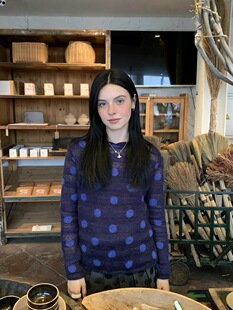 深海蓝波点马海毛混纺毛衣防晒微透叠穿休闲连帽针织衫 现货