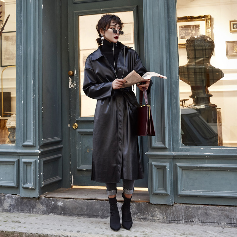 皮衣2025年新款女春秋机车系带收腰长款过膝帅气宽松pu皮风衣女潮