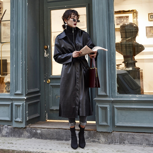 皮衣2025年新款 过膝帅气宽松pu皮风衣女潮 女春秋机车系带收腰长款