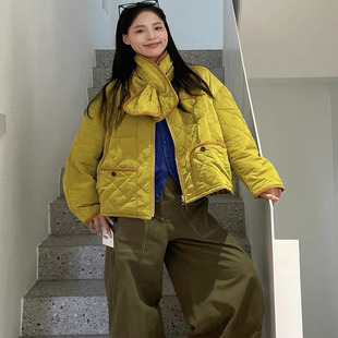【正确版】两面穿的棉服围巾廓形外套女2025冬新款菱格纹短款棉衣