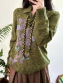 新款 编织提花套头刺绣宽松男女毛衣女秋装 正确版 麻油叶