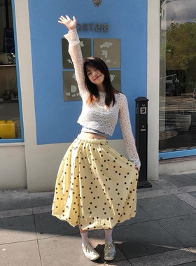 高级感波点卷边不规则波点黄色长裙半身裙女宽松松紧腰A字蓬蓬裙