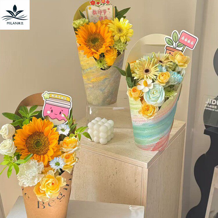 女神节蝴蝶兰多肉盆栽圆形手提花盒材料插花礼物盒 鲜花束包装盒