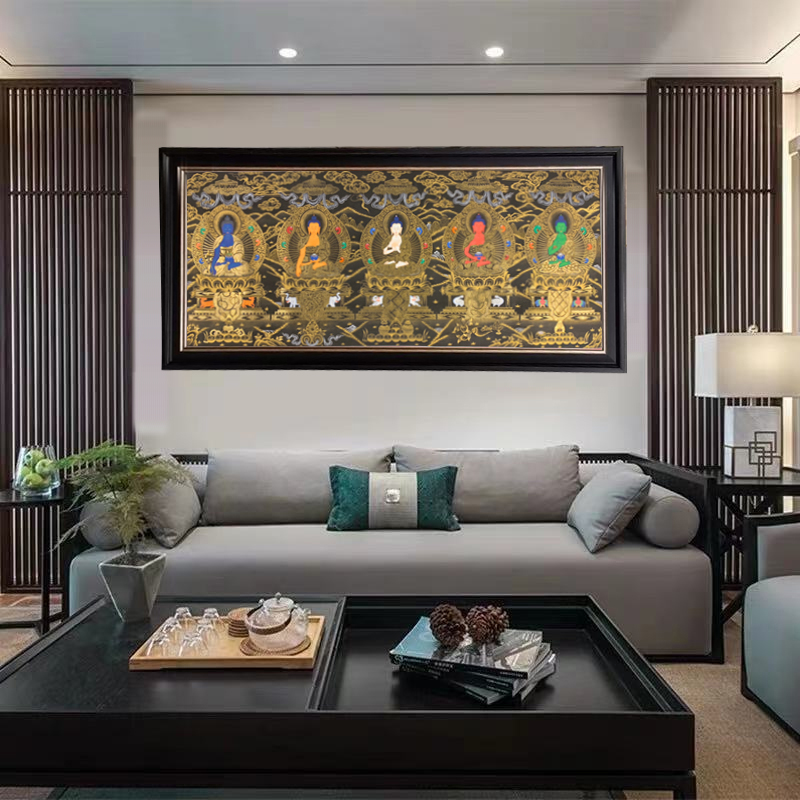 唐卡西藏手绘装饰画尼泊尔纯手工横幅五方佛五文殊客厅挂画背景画