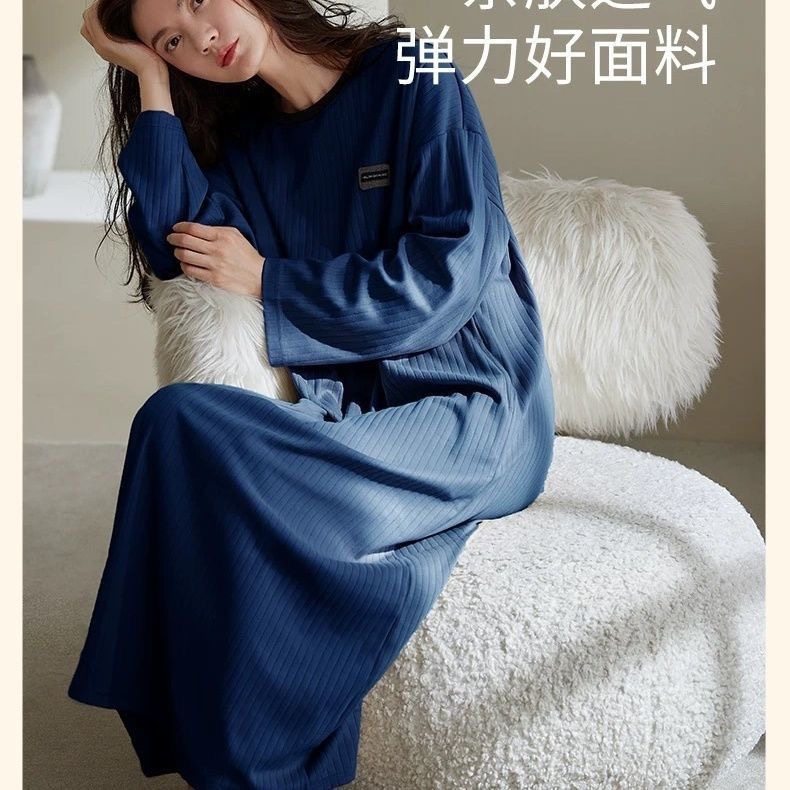 2025年春秋长袖连衣睡裙衣条纹带口袋睡裙睡衣宽松居服大码200斤