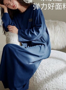 2025年春秋长袖连衣睡裙衣条纹带口袋睡裙睡衣宽松居服大码200斤