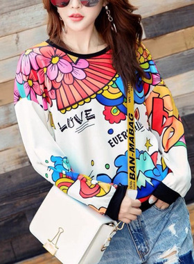 秋冬25年个性创意涂鸦时尚印花宽松长袖T恤卫衣学院上衣大码200斤