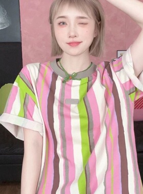 大码200斤多巴胺穿搭撞色条纹短袖t恤女夏季新款胖mm宽松休闲上衣
