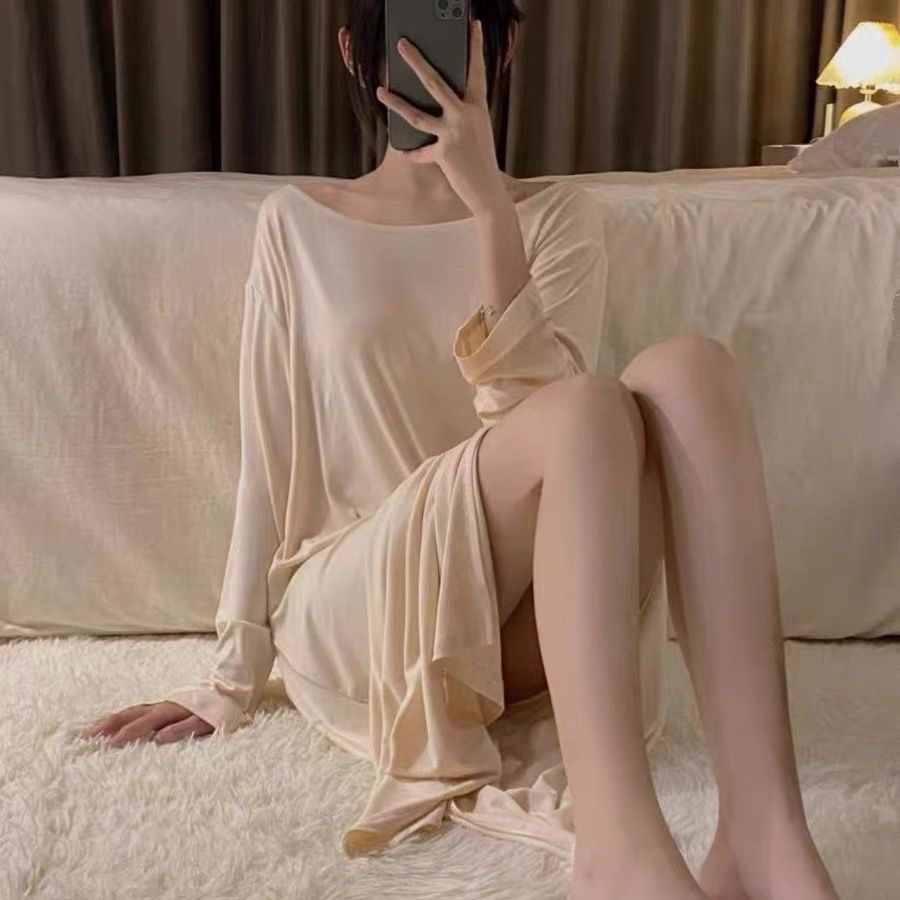 200斤大码睡裙春秋季长袖连衣裙睡衣开叉中长款宽松家居服可外穿