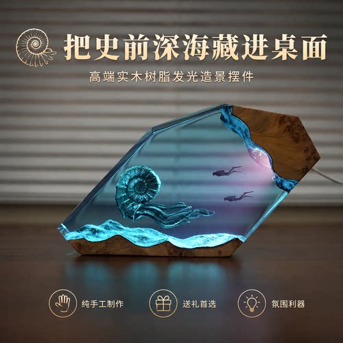 菊石手工海洋小夜灯创意实木树脂氛围灯卧室床头梦幻治愈摆件礼物