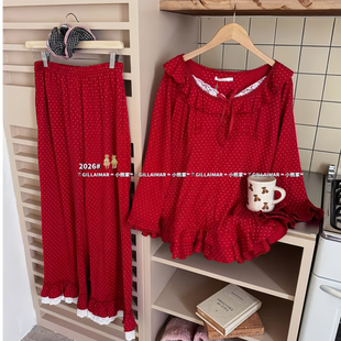 家居服套装 小熊红色本命年睡衣女纯棉春秋冬甜美韩版 长裤 长袖 薄款