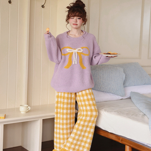 小熊家新款 蝴蝶结睡衣女秋冬紫色半边绒加厚珊瑚绒家居服宽松柔软