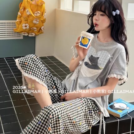 小熊家可爱午睡猫睡衣女春秋夏蕾丝花边短袖八分裤圆领家居服套装