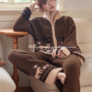 小熊家可爱小鹿睡衣女秋冬半边绒加厚长袖 可外穿 咖啡色家居服开衫