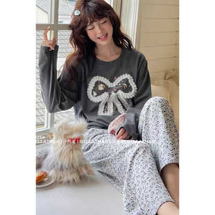 长裤 小熊家纯棉睡衣女款 蝴蝶结休闲深灰色家居服长袖 新款 圆领 秋季