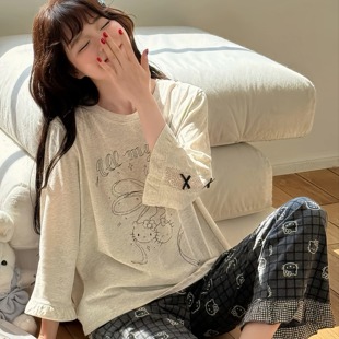 家居服套装 小熊家甜美可爱凯蒂猫花边睡衣女春秋冬薄款 灰色七分袖