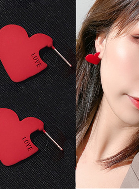 韩国IU同款耳钉红色爱心耳环925银针网红气质简约百搭潮耳饰品女