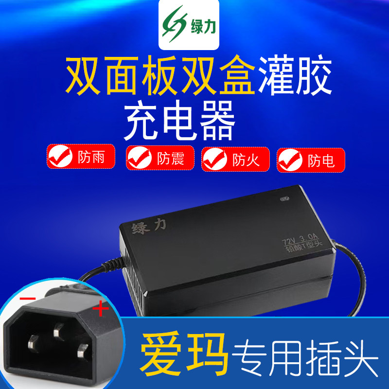 爱玛电动车绿力充电器60V72V20AH二三轮电瓶车防水防震双面板充电