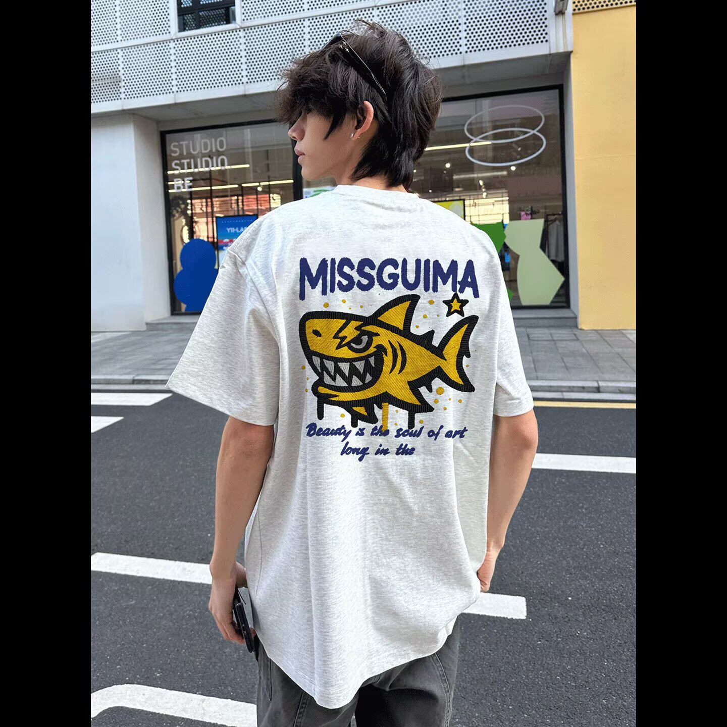 美式潮牌短袖t恤男夏季宽松搞怪ins港风上衣可爱鲨鱼印花半袖体恤