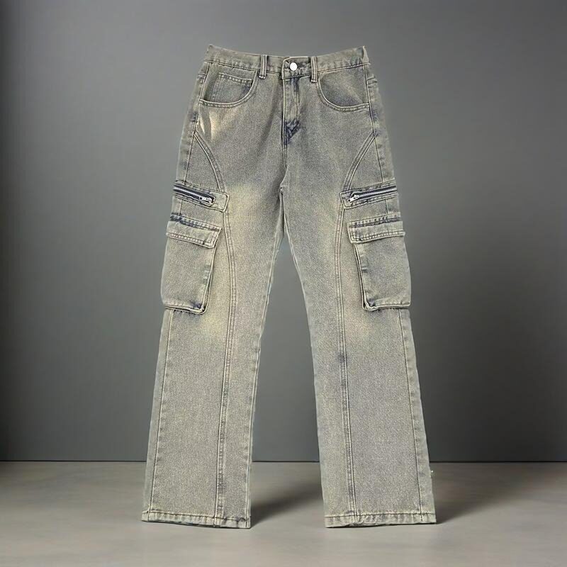 百搭弯刀大口袋牛仔裤男款美式小众工装裤子显瘦直筒不贴身微喇裤