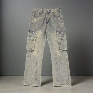 百搭弯刀大口袋牛仔裤男款美式小众工装裤子显瘦直筒不贴身微喇裤