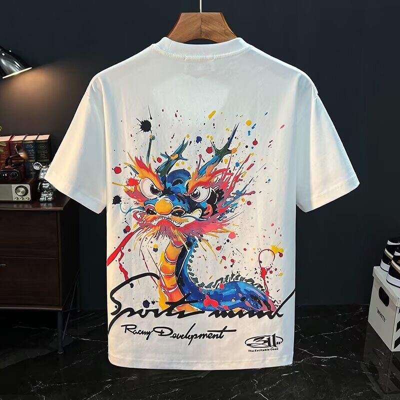 国潮龙头涂鸦彩绘男T恤宽松国风小龙印花短袖中式高级男上衣体恤