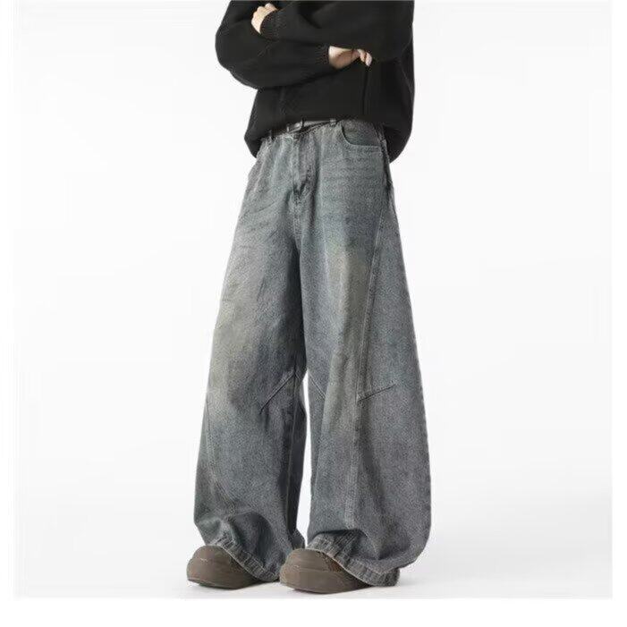 美式复古痞帅做旧弯刀牛仔裤男女微喇叭显瘦宽松水洗直筒阔腿长裤