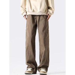 新款复古弯刀伐木工装牛仔裤美式男款高街直筒裤子咖色休闲长裤