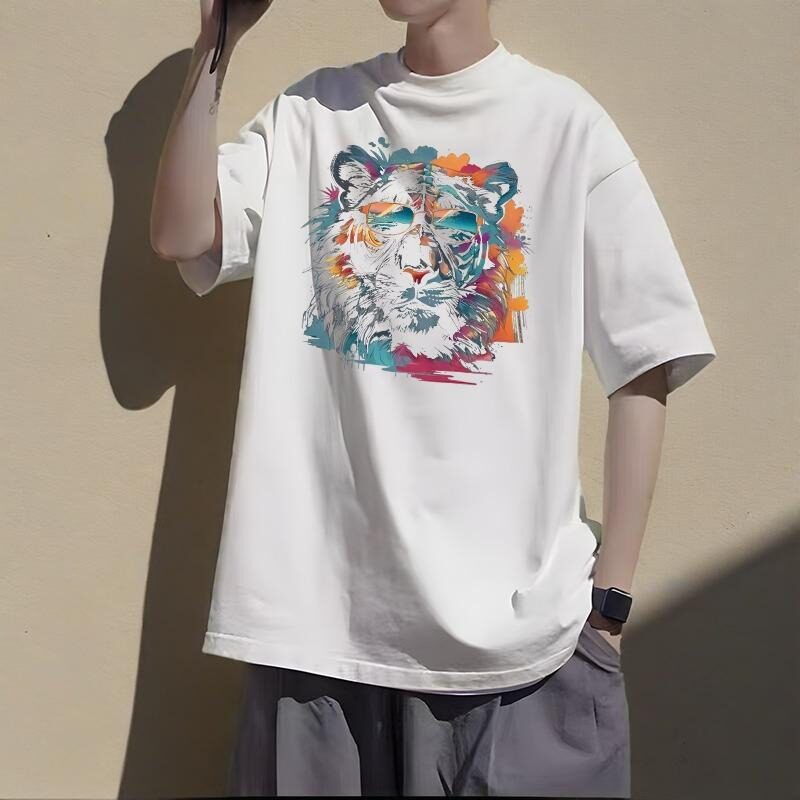 欧美ins风抽象老虎头印花宽松短袖T恤男女日系痞帅艺术潮牌正肩袖