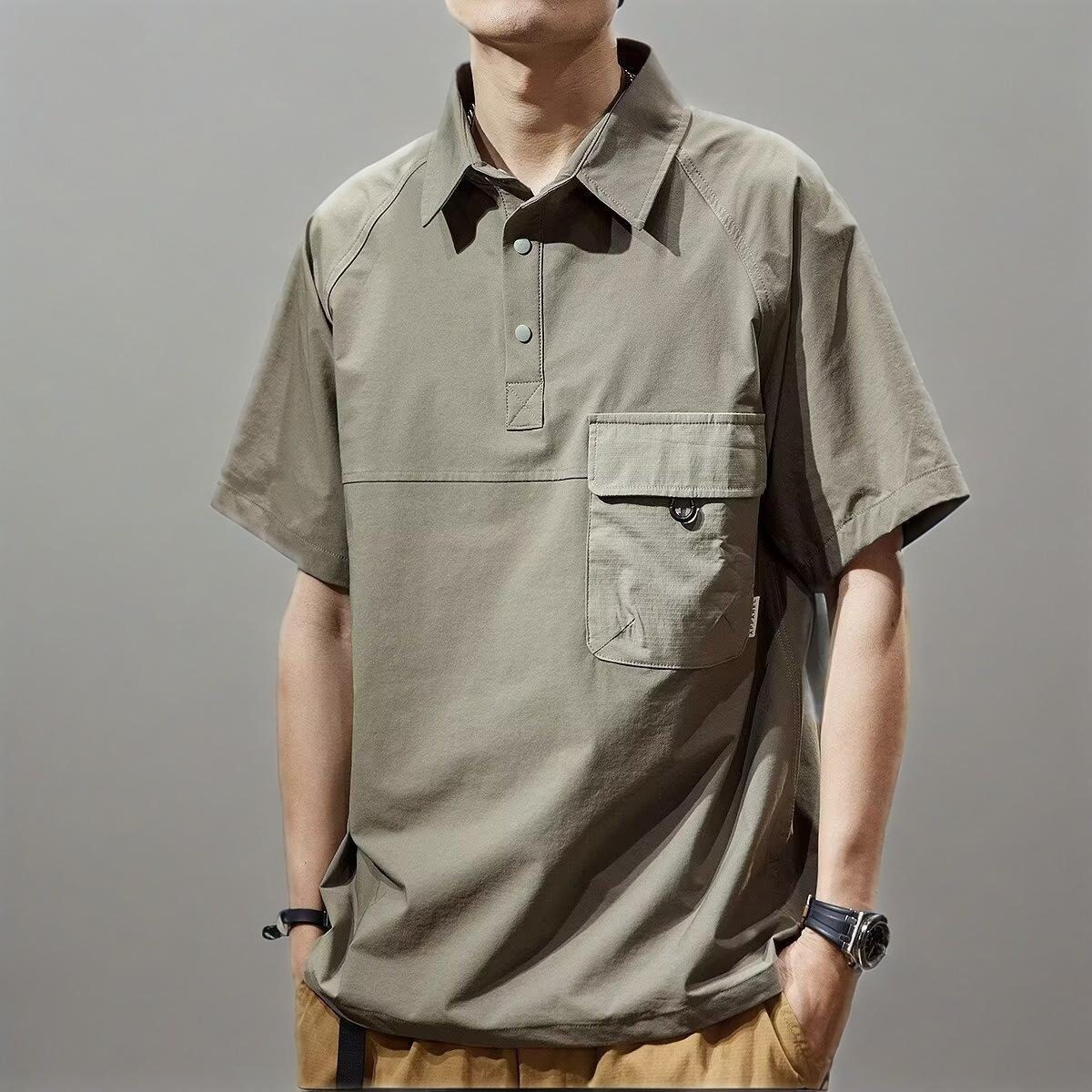 高级感美式潮牌工装短袖polo衫复古原宿风痞帅口袋夏季翻领体恤男