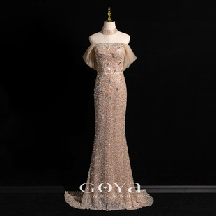 香槟色一字肩敬酒服新娘订婚鱼尾裙高级感轻奢亮片晚礼服女主持人