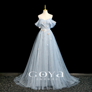 敬酒服2025新款 一字肩晚礼服轻奢高级感艺考成人礼礼服裙拖尾蓝色