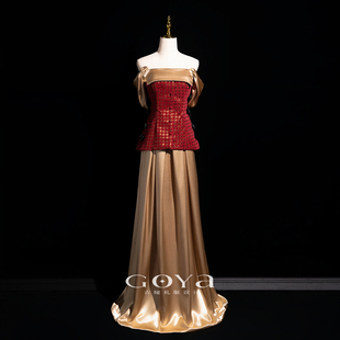 一字肩敬酒服新娘新中式 晨袍订婚礼服裙红色小香风晚礼服女高级感