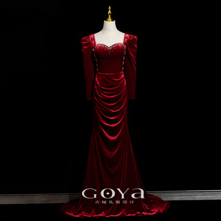 红色丝绒敬酒服新娘结婚冬季长袖订婚礼服裙高级显瘦鱼尾晚礼服女