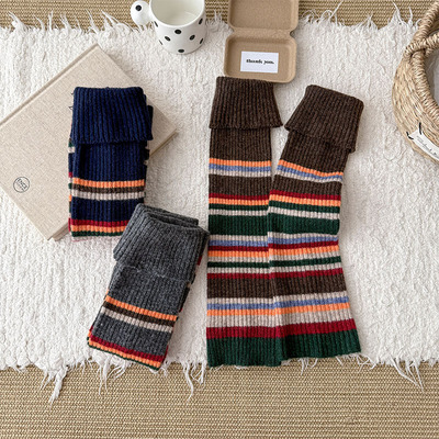彩色条纹针织袜套女秋冬保暖百搭堆堆袜韩版学院风jk护膝长筒袜套