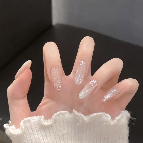 【白桃冰酪】穿戴甲纯手工定制碎钻海莉美甲温柔裸透指甲贴片