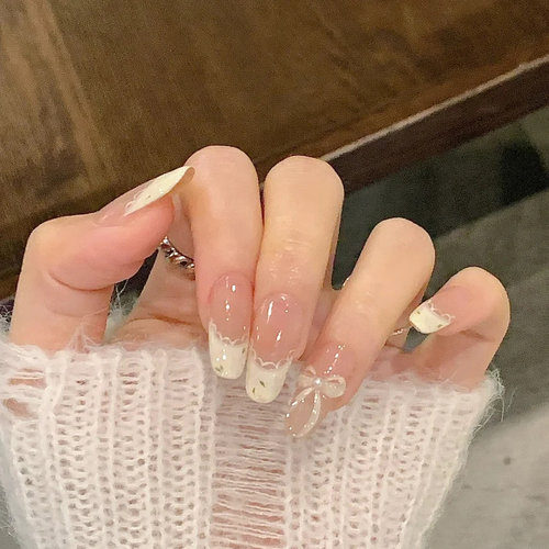 手工裸色穿戴甲蕾丝法式碎花显白冰透美甲贴片2025新款轻奢高级感