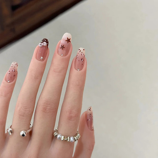 手工豹纹星星穿戴甲秋冬新款 2025高级感豹纹美甲短椭圆假指甲贴片