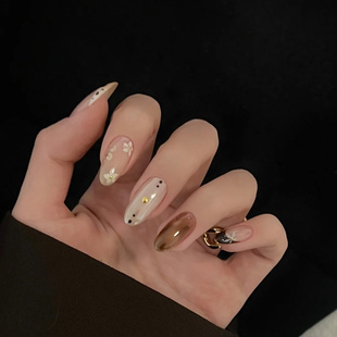 【桂落金棕】纯手工花花深棕色法式穿戴甲中长款豹纹显白秋冬美甲