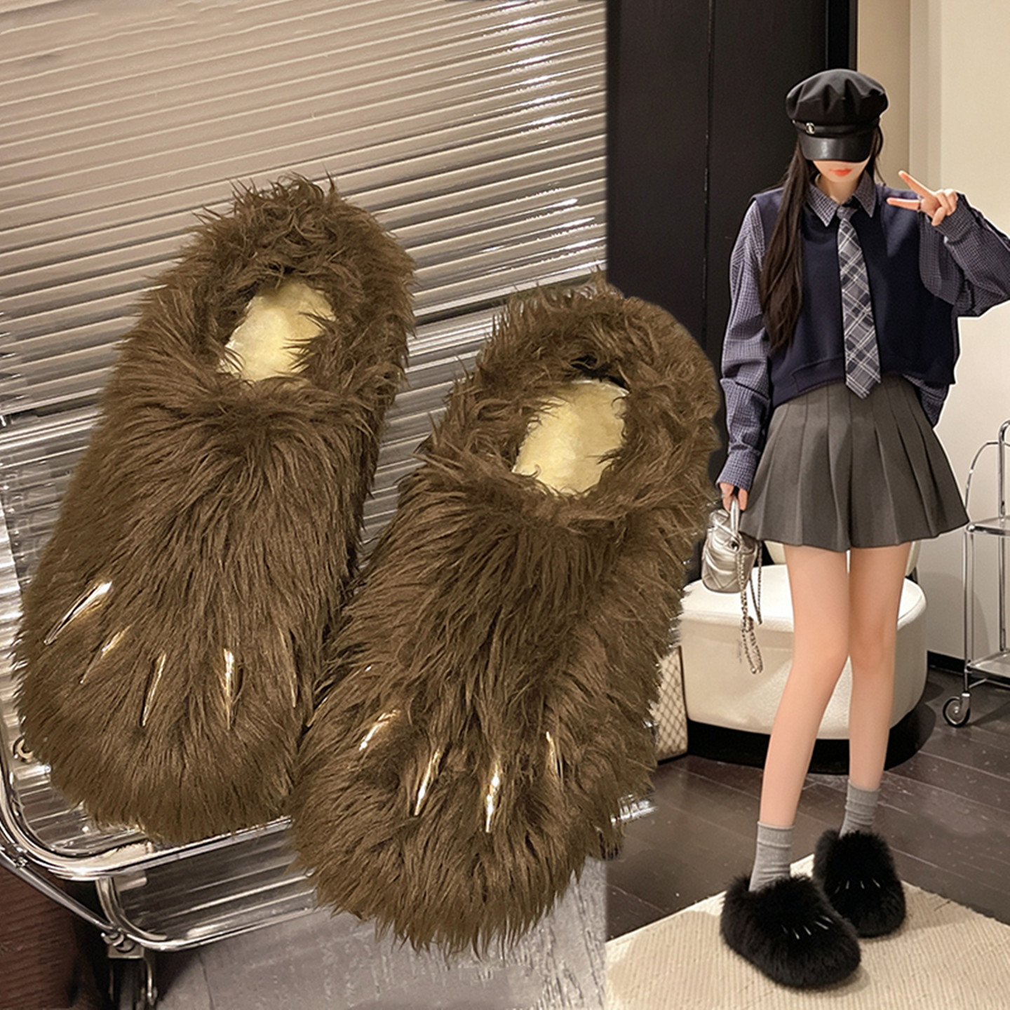 毛毛包头拖女外穿舒适软底秋冬新款个性爪子小个子厚底踩屎感拖鞋