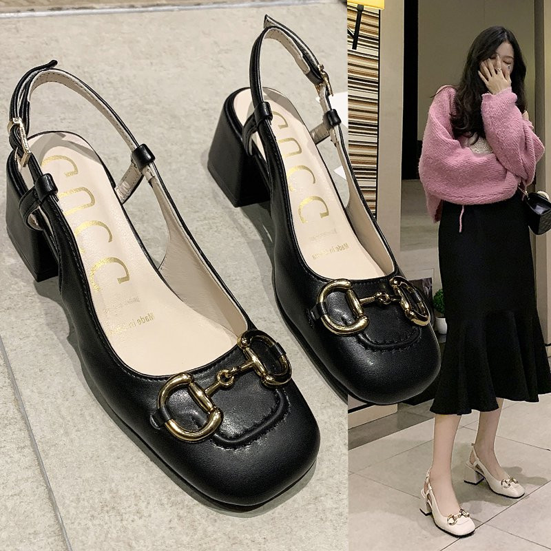 法式复古粗跟包头凉鞋女金属马衔扣时尚气质百搭方头玛丽珍高跟鞋